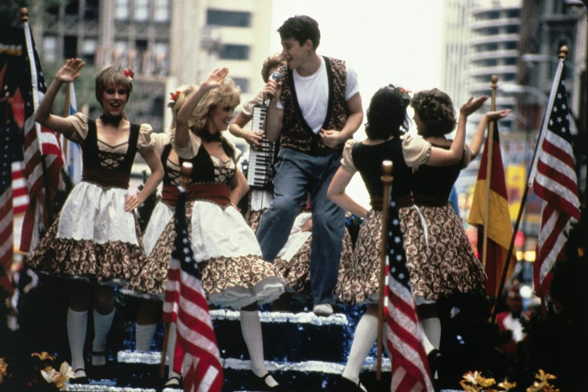 What songs does Ferris Bueller lip-sync to during the parade?