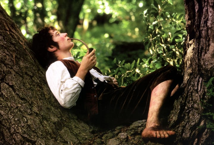 Elijah Wood as Frodo Baggins relaxing with a pipe in the Shire. Looks lovely!